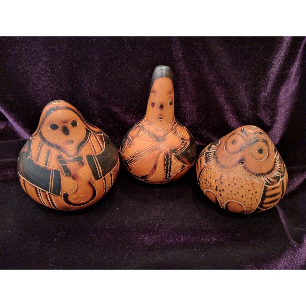 Beautiful Vintage Hand Painted Gourds With Seeds From Peru- Set of 3